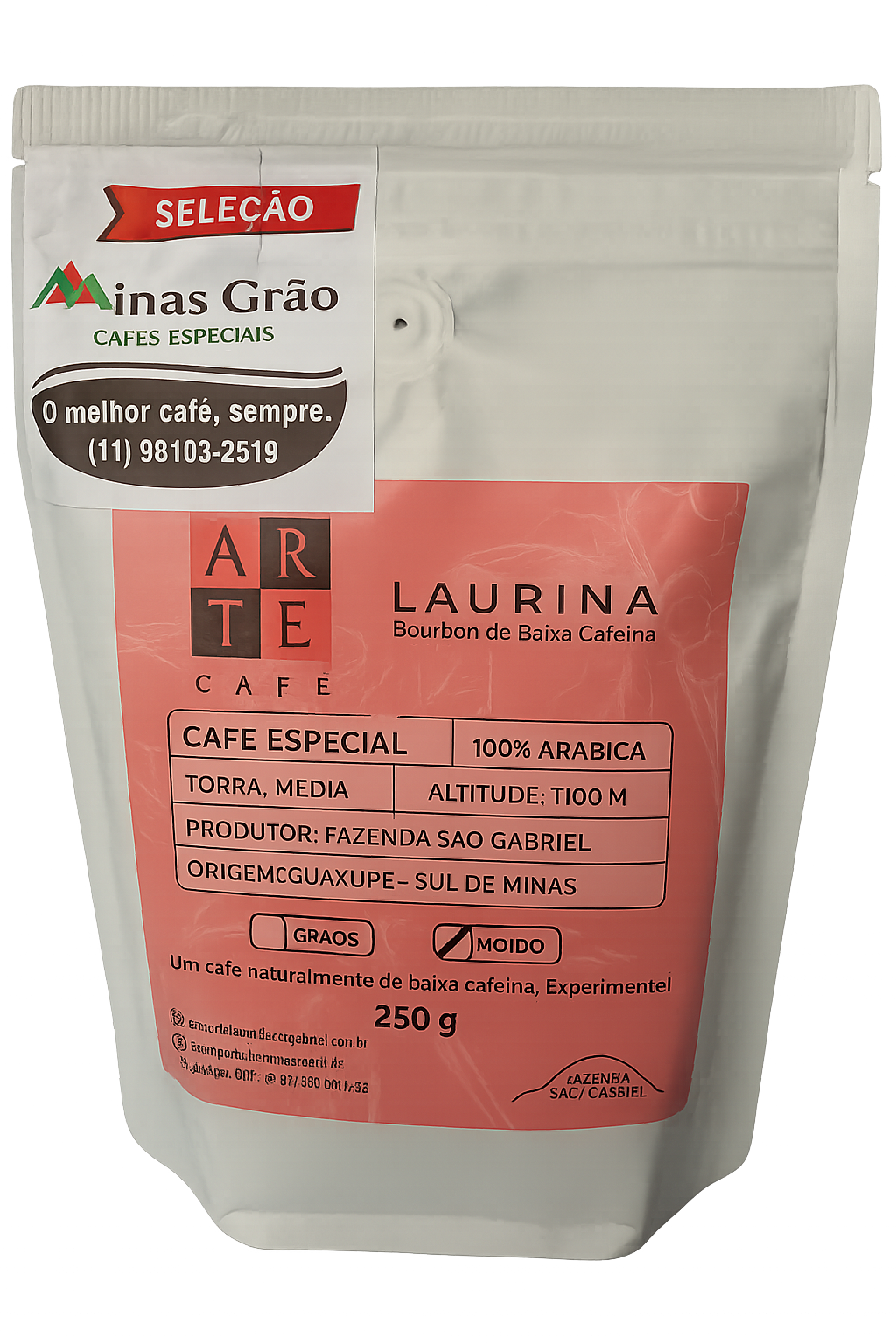 Café especial Laurina baixa cafeína moído 250g IA Minas Grao