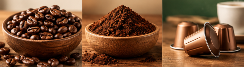 Café em grãos, moído ou cápsulas